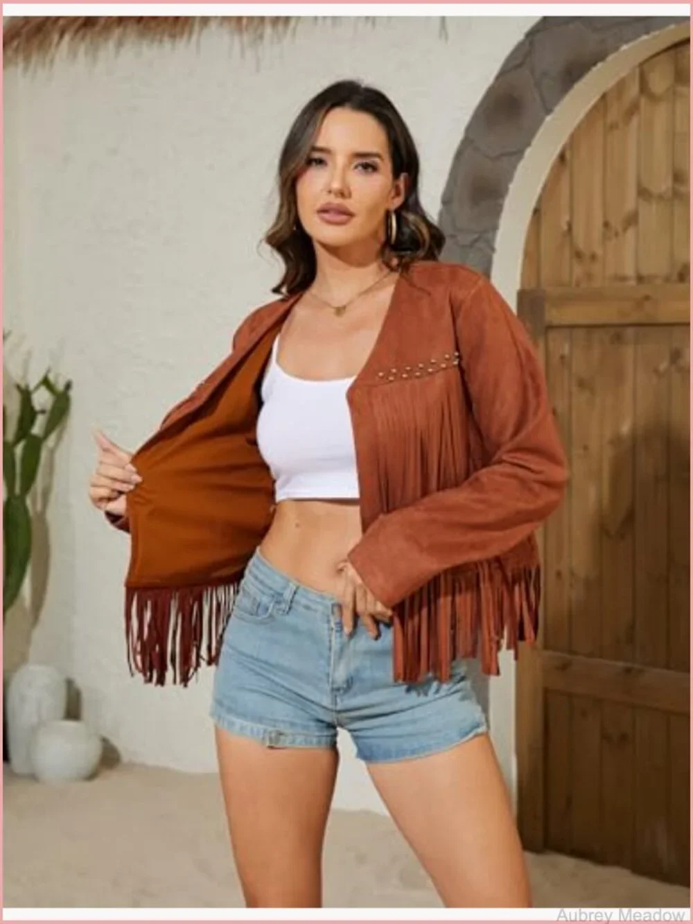 Oversized Fringe Cropped Faux Suede Western Cowgirl Motorcycle Coat with Pockets - Picture 4 of 7